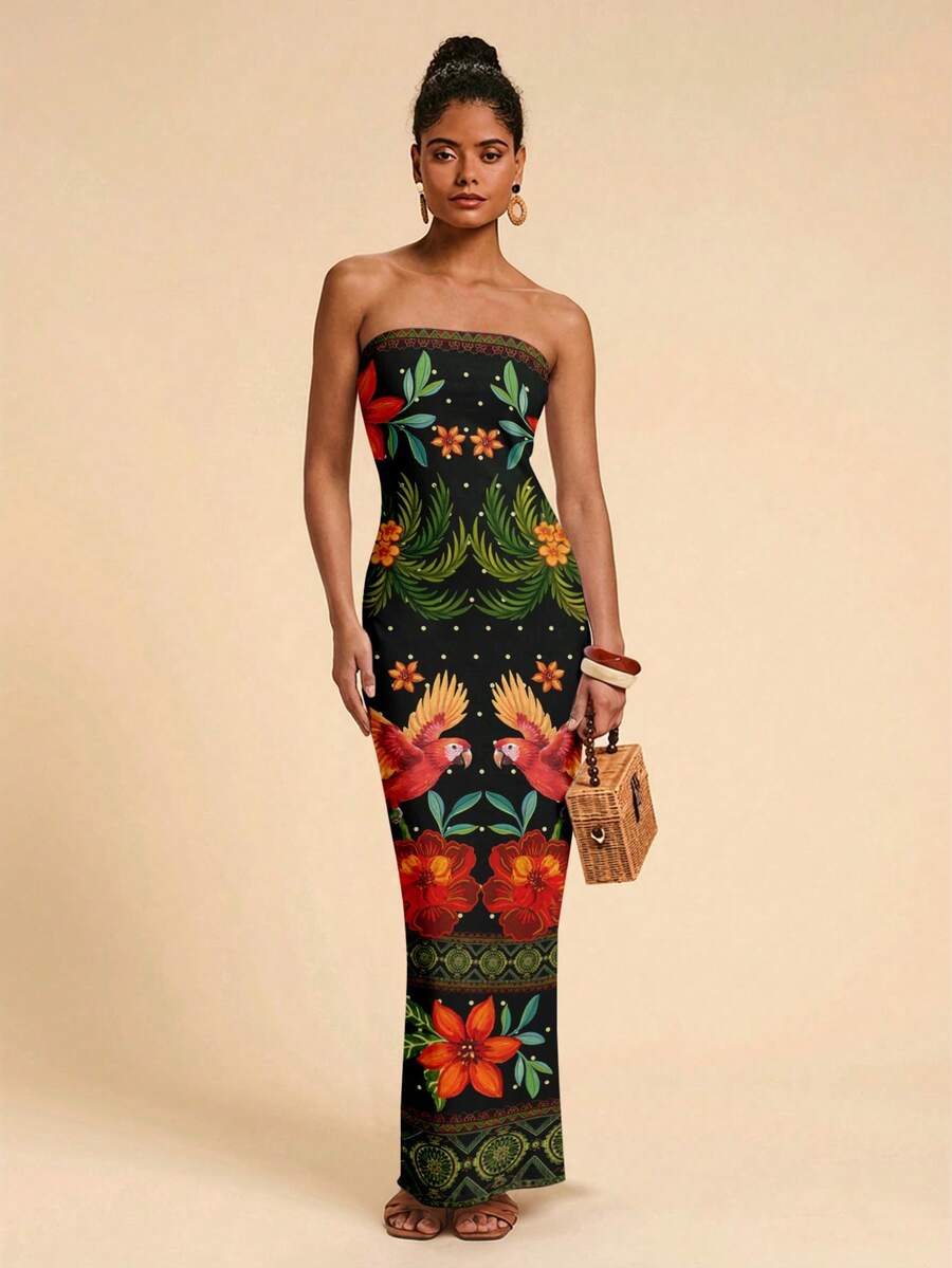 Travachic Vestido Bandeau Multicolorido Impresso para Mulheres, Férias