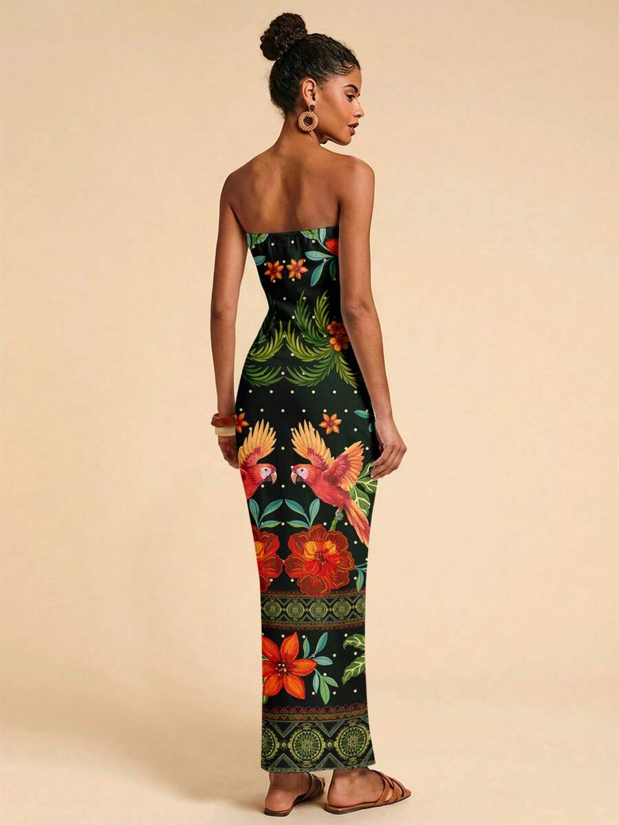 Travachic Vestido Bandeau Multicolorido Impresso para Mulheres, Férias