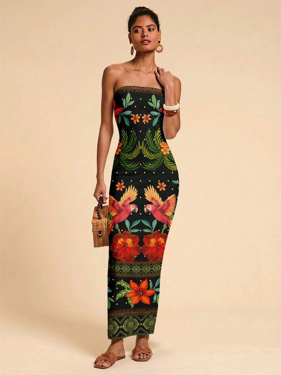 Travachic Vestido Bandeau Multicolorido Impresso para Mulheres, Férias