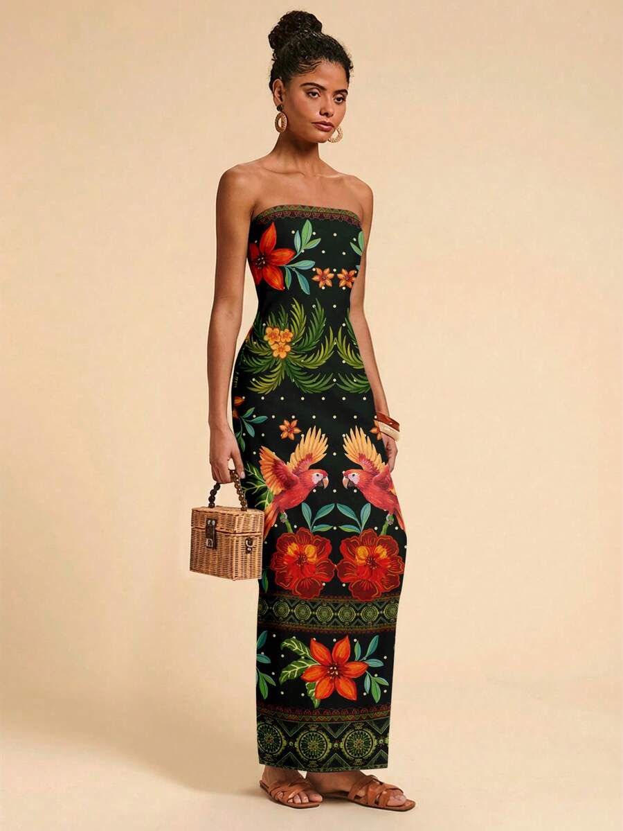 Travachic Vestido Bandeau Multicolorido Impresso para Mulheres, Férias