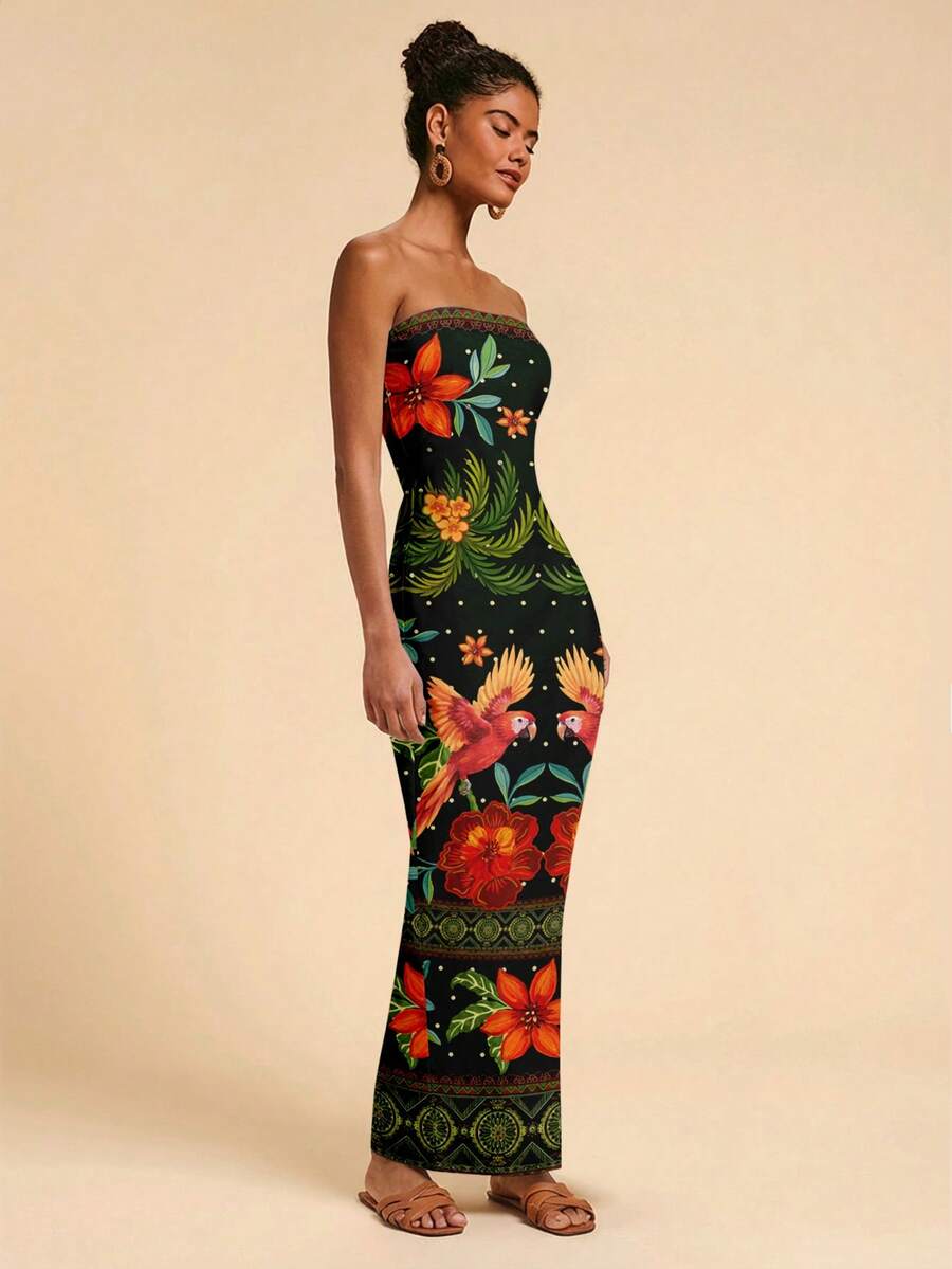 Travachic Vestido Bandeau Multicolorido Impresso para Mulheres, Férias