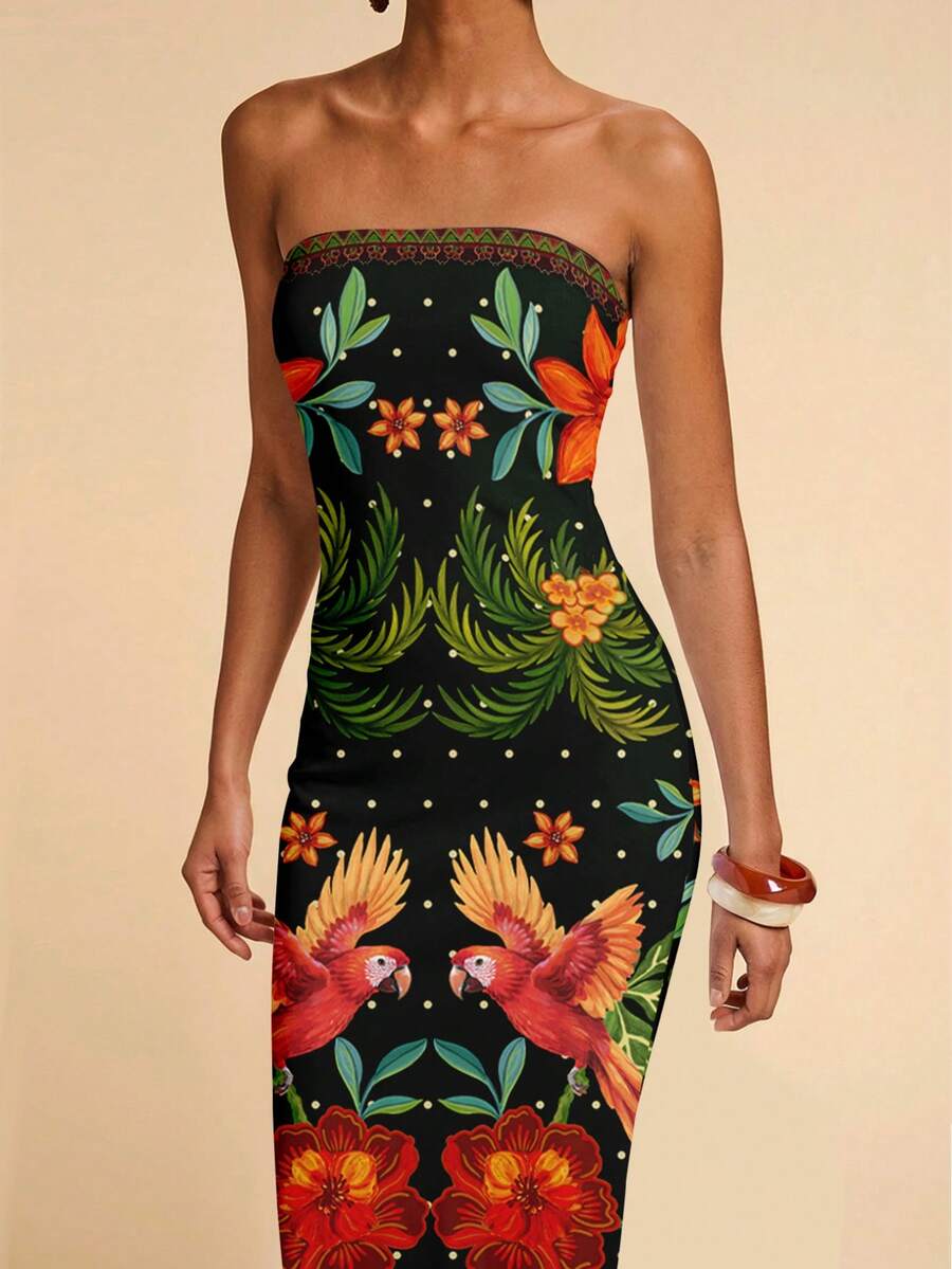 Travachic Vestido Bandeau Multicolorido Impresso para Mulheres, Férias