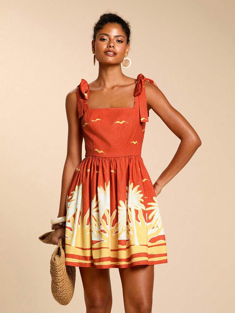 Travachic Vestido de Verão com Estampa Floral, Decote Quadrado, Sem Mangas, Cintura Marcada e Amarração na Frente, para Férias, Looks de Praia e Verão para Mulheres