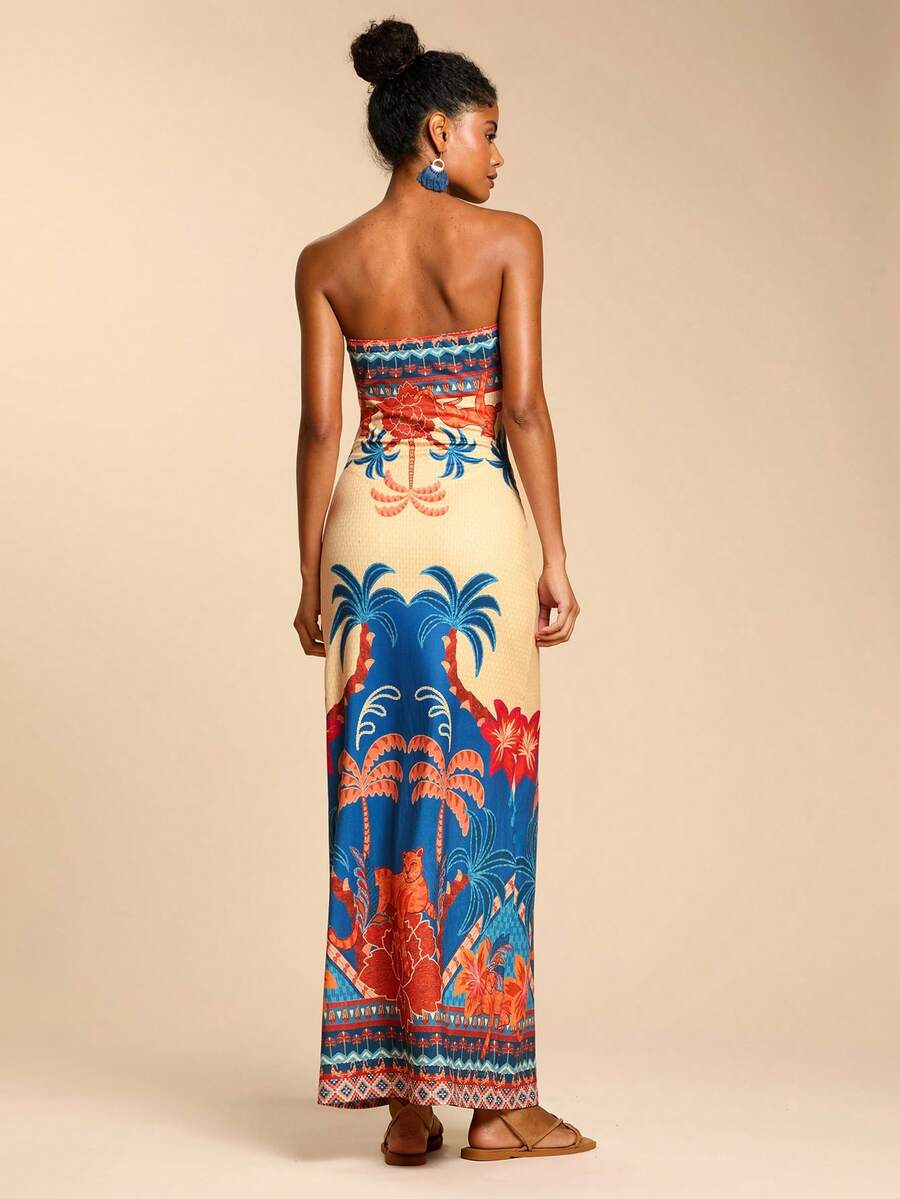 Travachic Vestido Bandeau Multicolorido Impresso para Mulheres, Férias