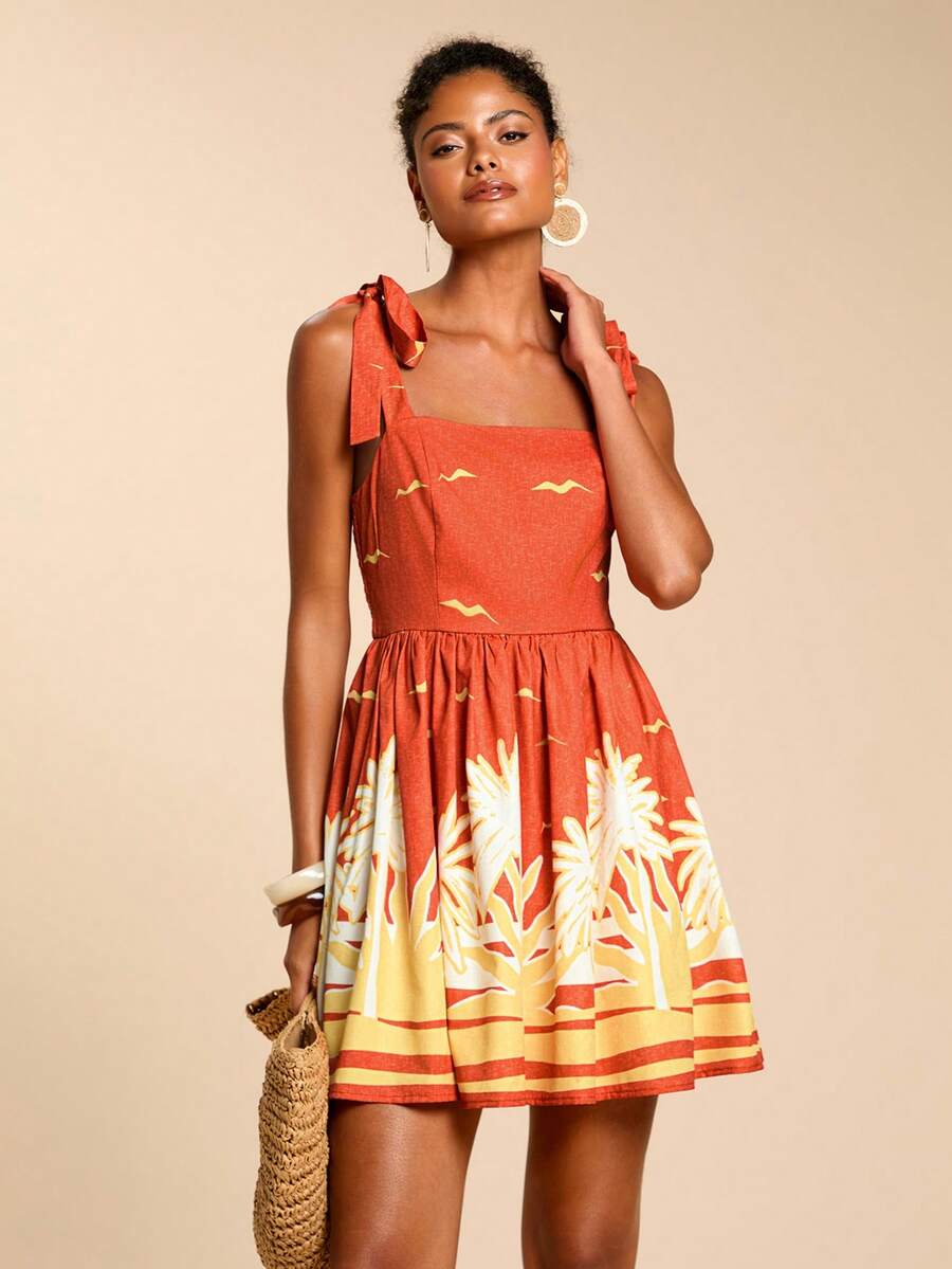 Travachic Vestido de Verão com Estampa Floral, Decote Quadrado, Sem Mangas, Cintura Marcada e Amarração na Frente, para Férias, Looks de Praia e Verão para Mulheres