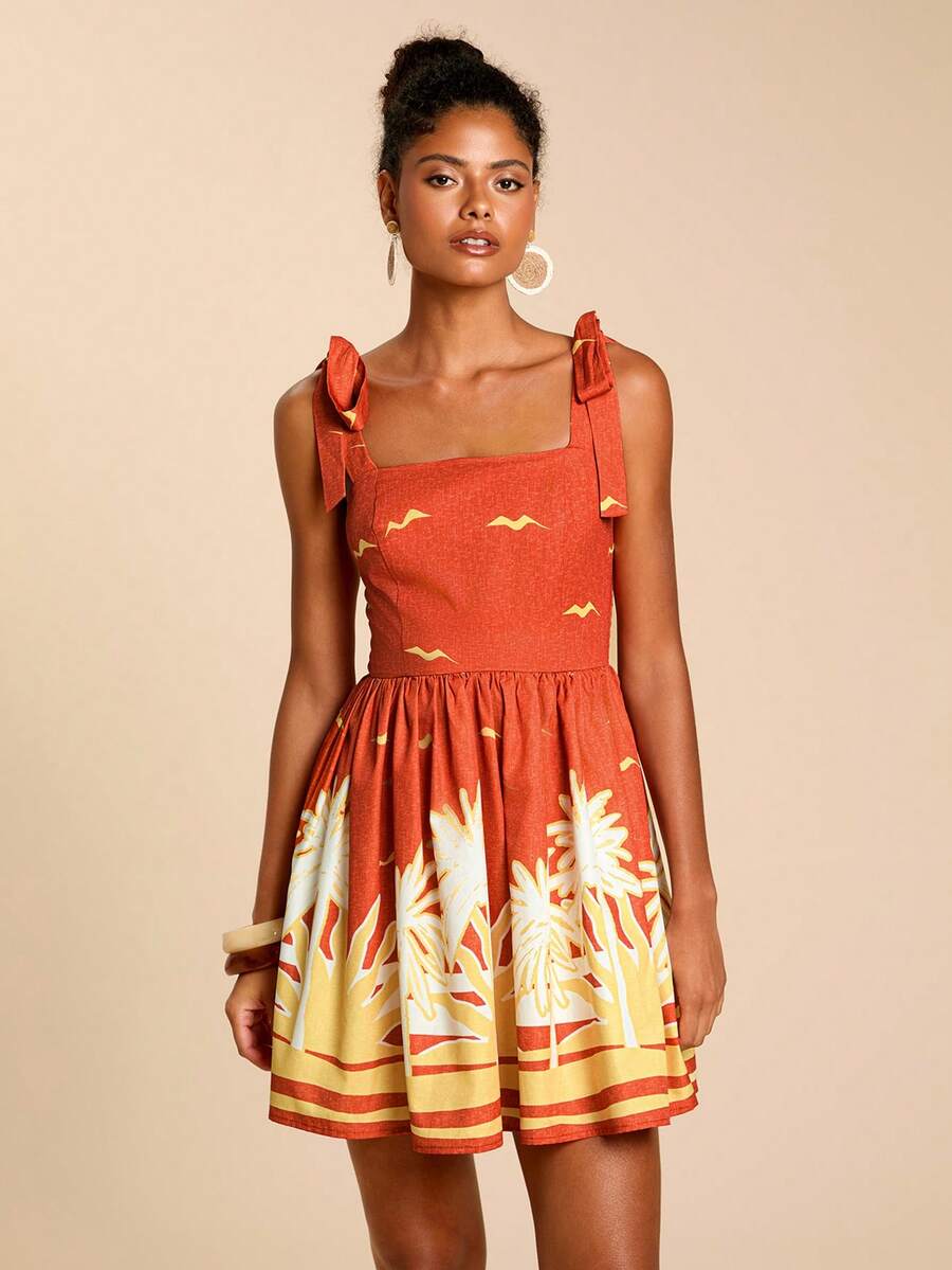 Travachic Vestido de Verão com Estampa Floral, Decote Quadrado, Sem Mangas, Cintura Marcada e Amarração na Frente, para Férias, Looks de Praia e Verão para Mulheres