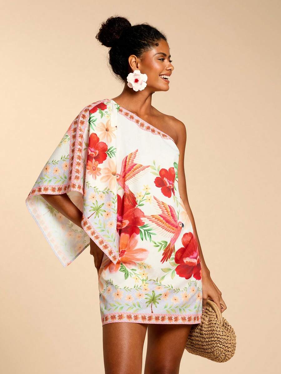 Travachic Vestido Curto Assimétrico de Mulher com Estampa Tropical