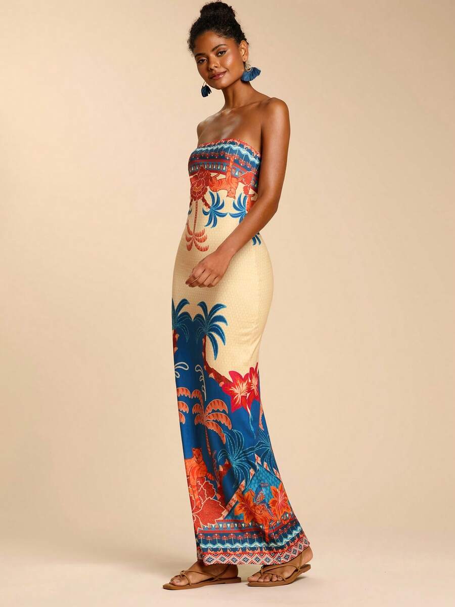 Travachic Vestido Bandeau Multicolorido Impresso para Mulheres, Férias