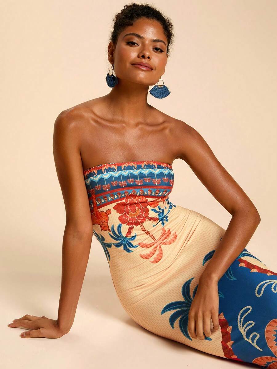 Travachic Vestido Bandeau Multicolorido Impresso para Mulheres, Férias