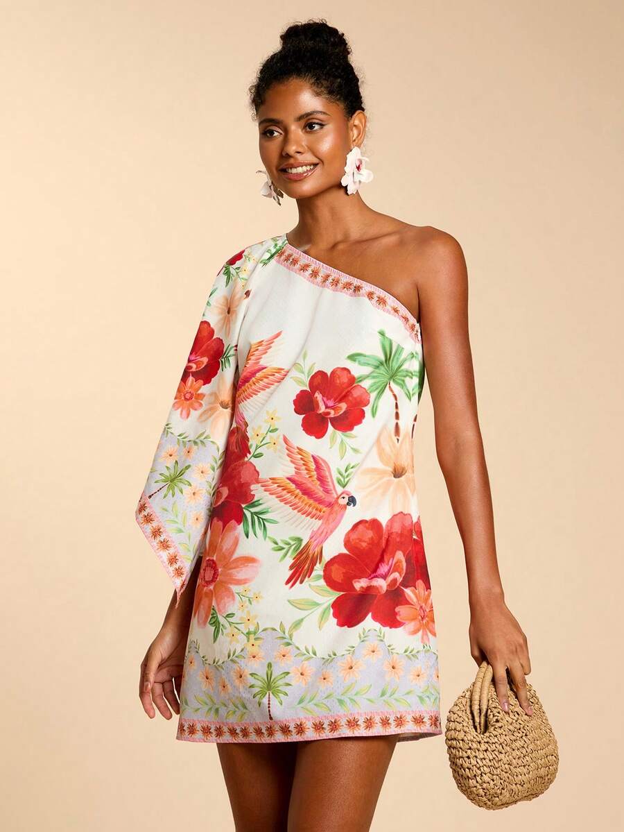 Travachic Vestido Curto Assimétrico de Mulher com Estampa Tropical