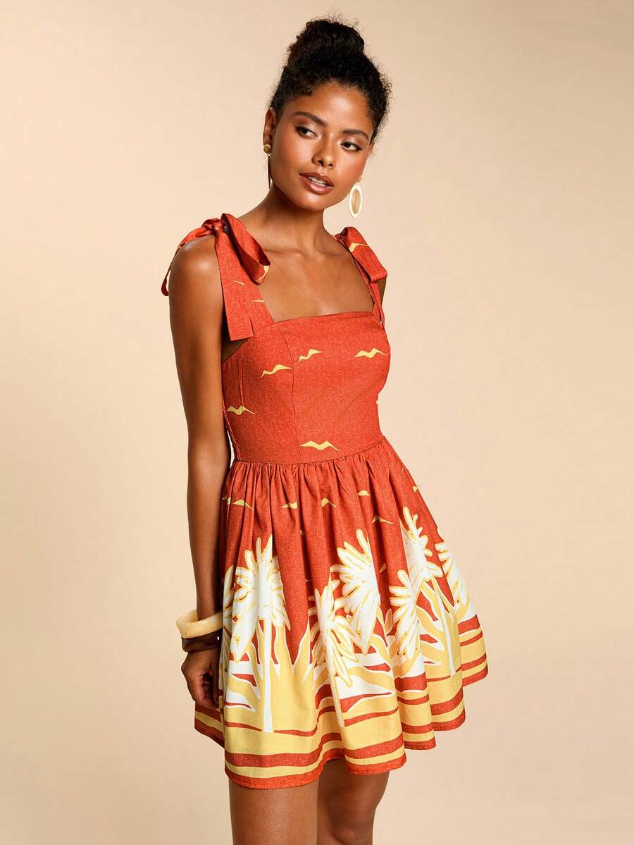 Travachic Vestido de Verão com Estampa Floral, Decote Quadrado, Sem Mangas, Cintura Marcada e Amarração na Frente, para Férias, Looks de Praia e Verão para Mulheres