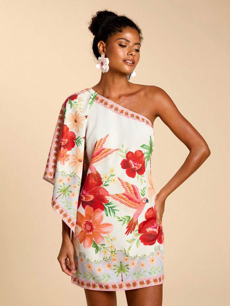 Travachic Vestido Curto Assimétrico de Mulher com Estampa Tropical