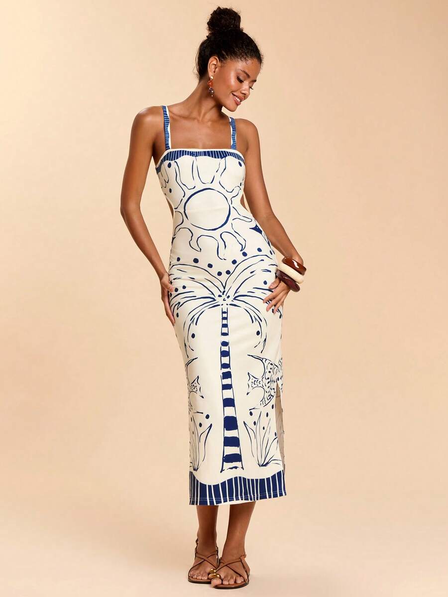 Travachic Vestido Feminino Estampa Floral Costas Abertas Sem Mangas, Estilo de Férias, Looks de Verão para Mulheres, Verão, Looks de Férias para Mulheres, Vestidos de Verão para Mulheres