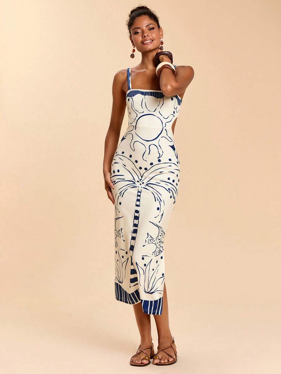 Travachic Vestido Feminino Estampa Floral Costas Abertas Sem Mangas, Estilo de Férias, Looks de Verão para Mulheres, Verão, Looks de Férias para Mulheres, Vestidos de Verão para Mulheres