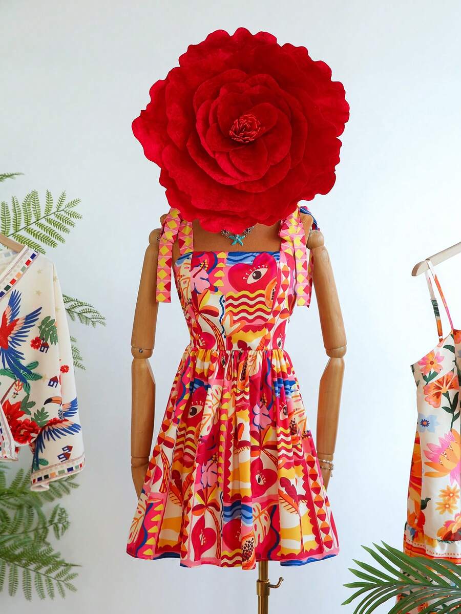 Travachic Vestido de Verão com Estampa Floral, Decote Quadrado, Sem Mangas, Cintura Marcada e Amarração na Frente, para Férias, Looks de Praia e Verão para Mulheres