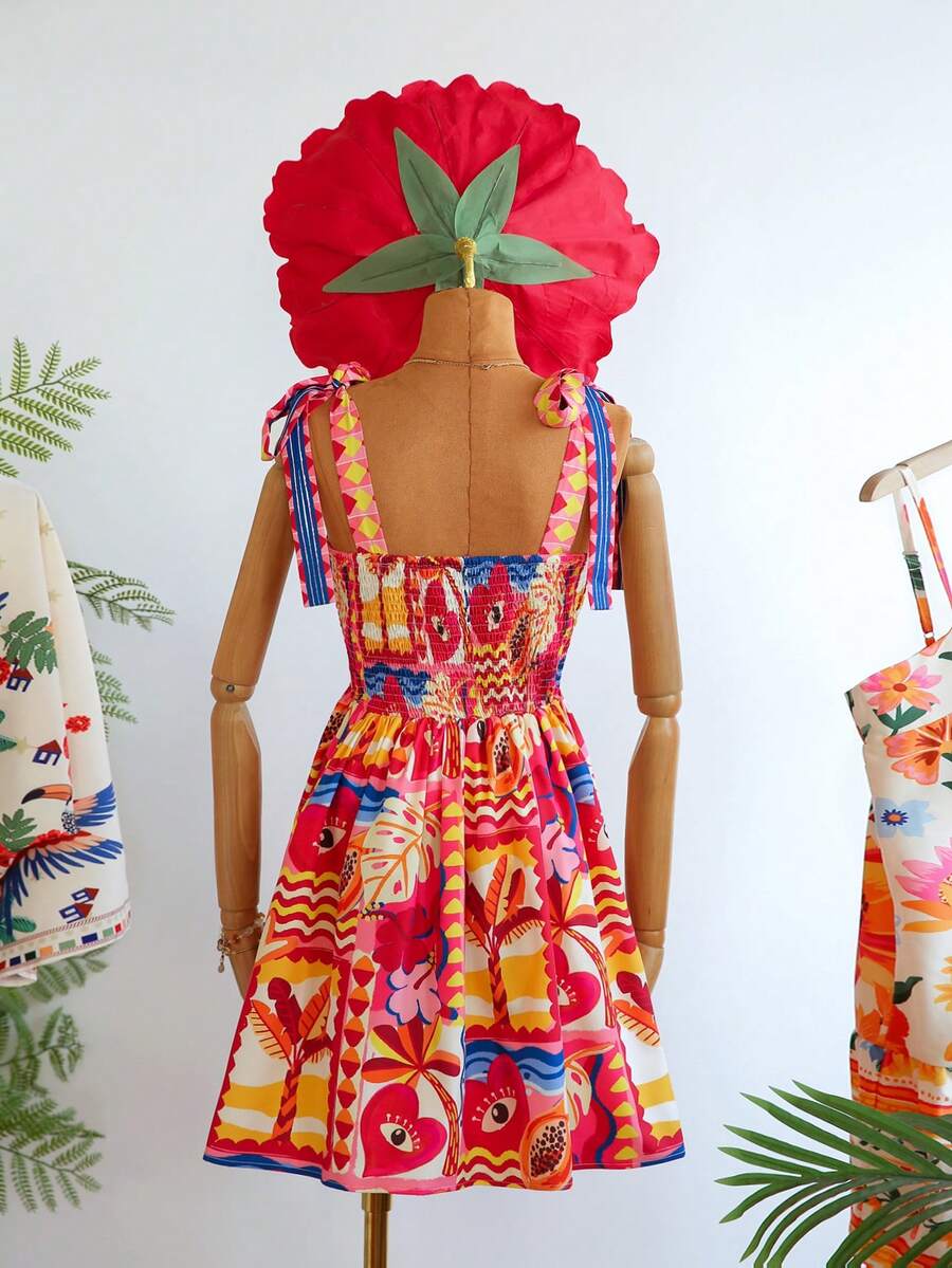 Travachic Vestido de Verão com Estampa Floral, Decote Quadrado, Sem Mangas, Cintura Marcada e Amarração na Frente, para Férias, Looks de Praia e Verão para Mulheres