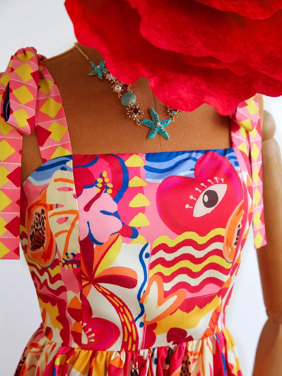 Travachic Vestido de Verão com Estampa Floral, Decote Quadrado, Sem Mangas, Cintura Marcada e Amarração na Frente, para Férias, Looks de Praia e Verão para Mulheres