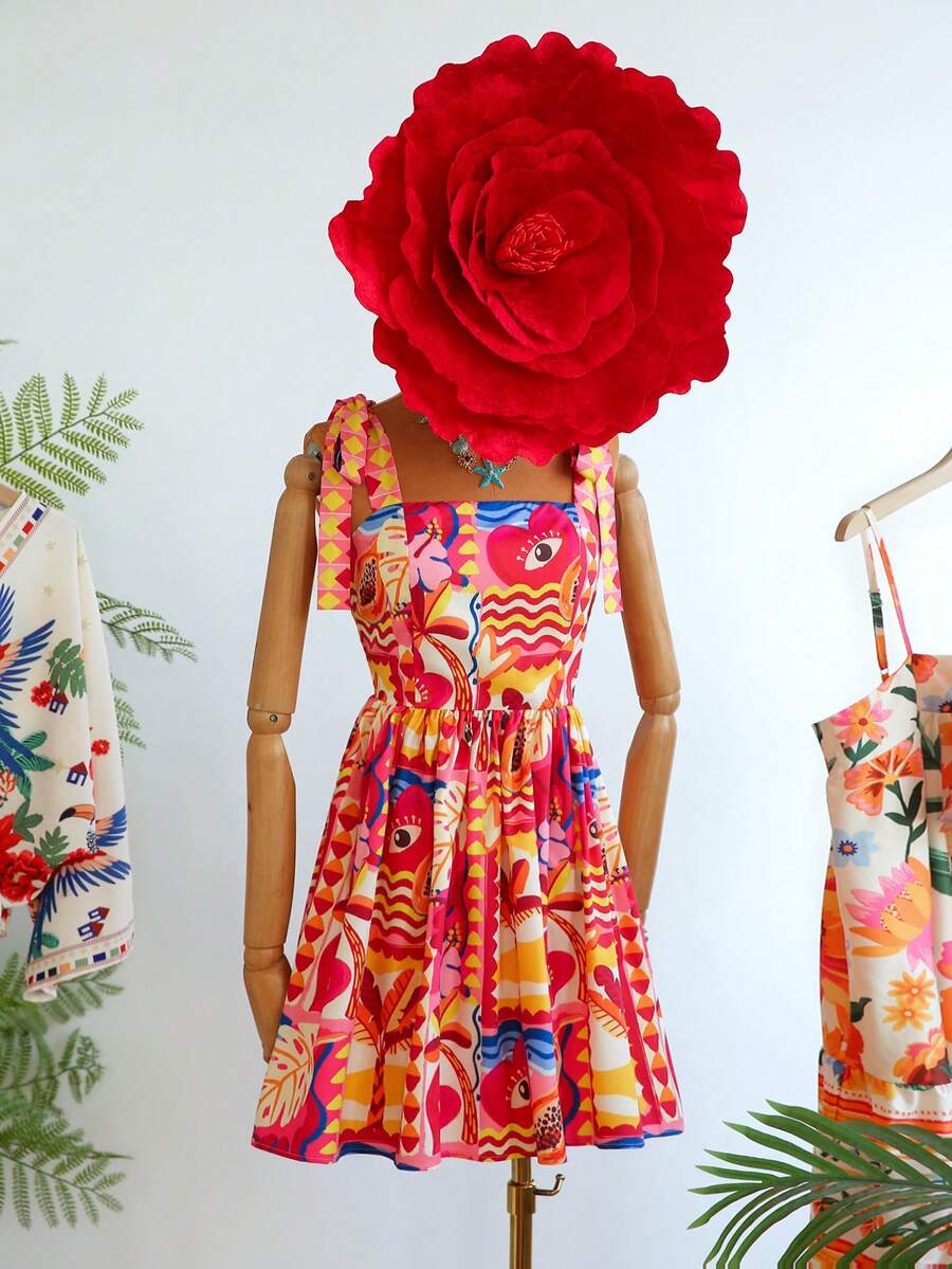 Travachic Vestido de Verão com Estampa Floral, Decote Quadrado, Sem Mangas, Cintura Marcada e Amarração na Frente, para Férias, Looks de Praia e Verão para Mulheres