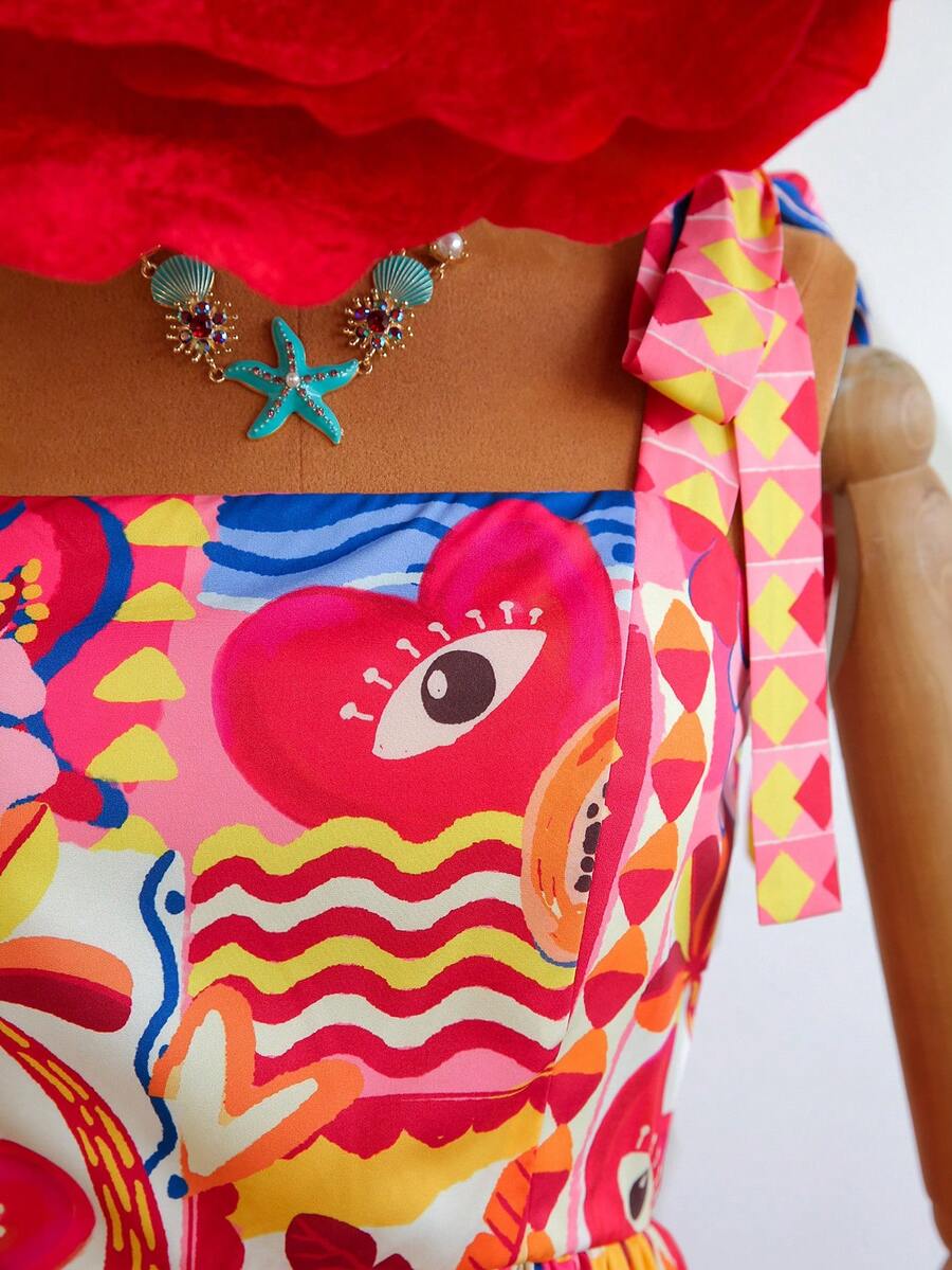 Travachic Vestido de Verão com Estampa Floral, Decote Quadrado, Sem Mangas, Cintura Marcada e Amarração na Frente, para Férias, Looks de Praia e Verão para Mulheres