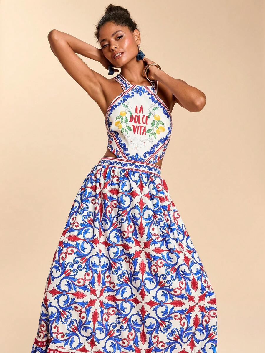 Travachic Vestido Feminino de Ombro de Fora com Estampa Tecida