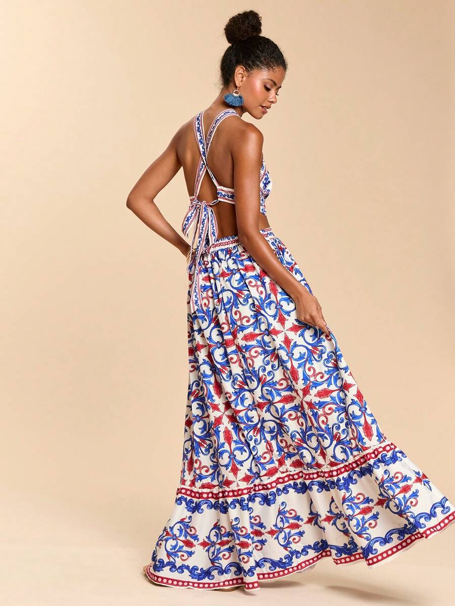 Travachic Vestido Feminino de Ombro de Fora com Estampa Tecida