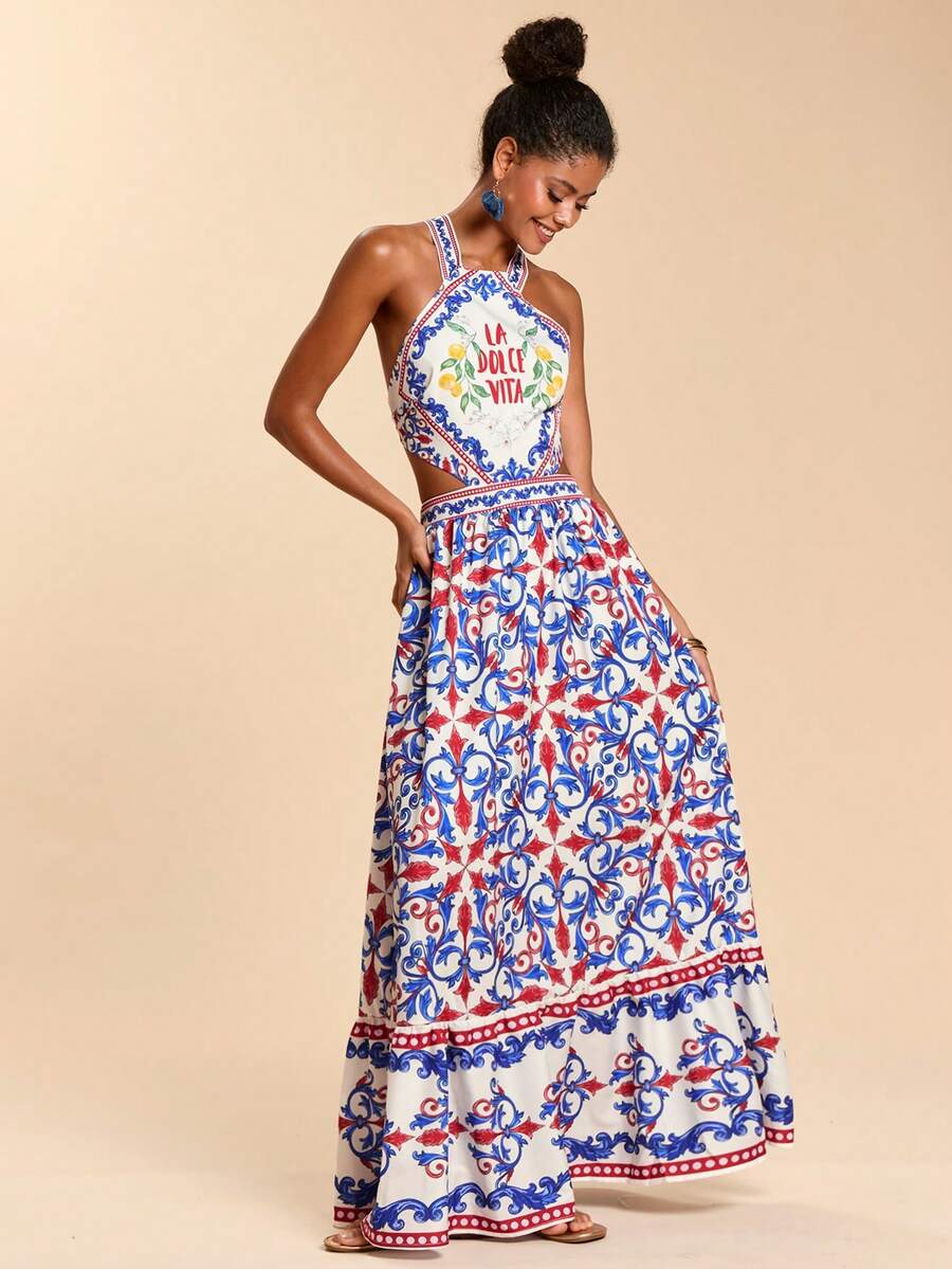 Travachic Vestido Feminino de Ombro de Fora com Estampa Tecida