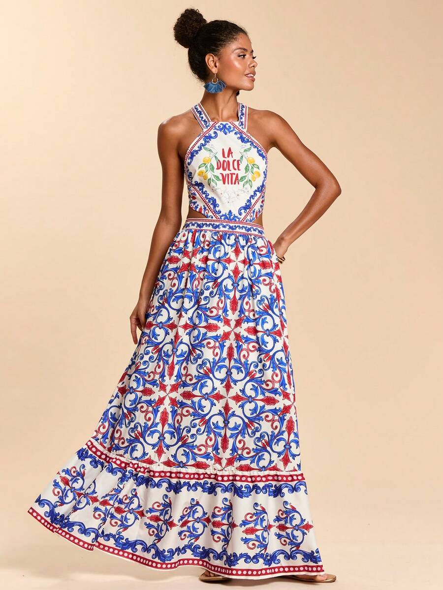 Travachic Vestido Feminino de Ombro de Fora com Estampa Tecida