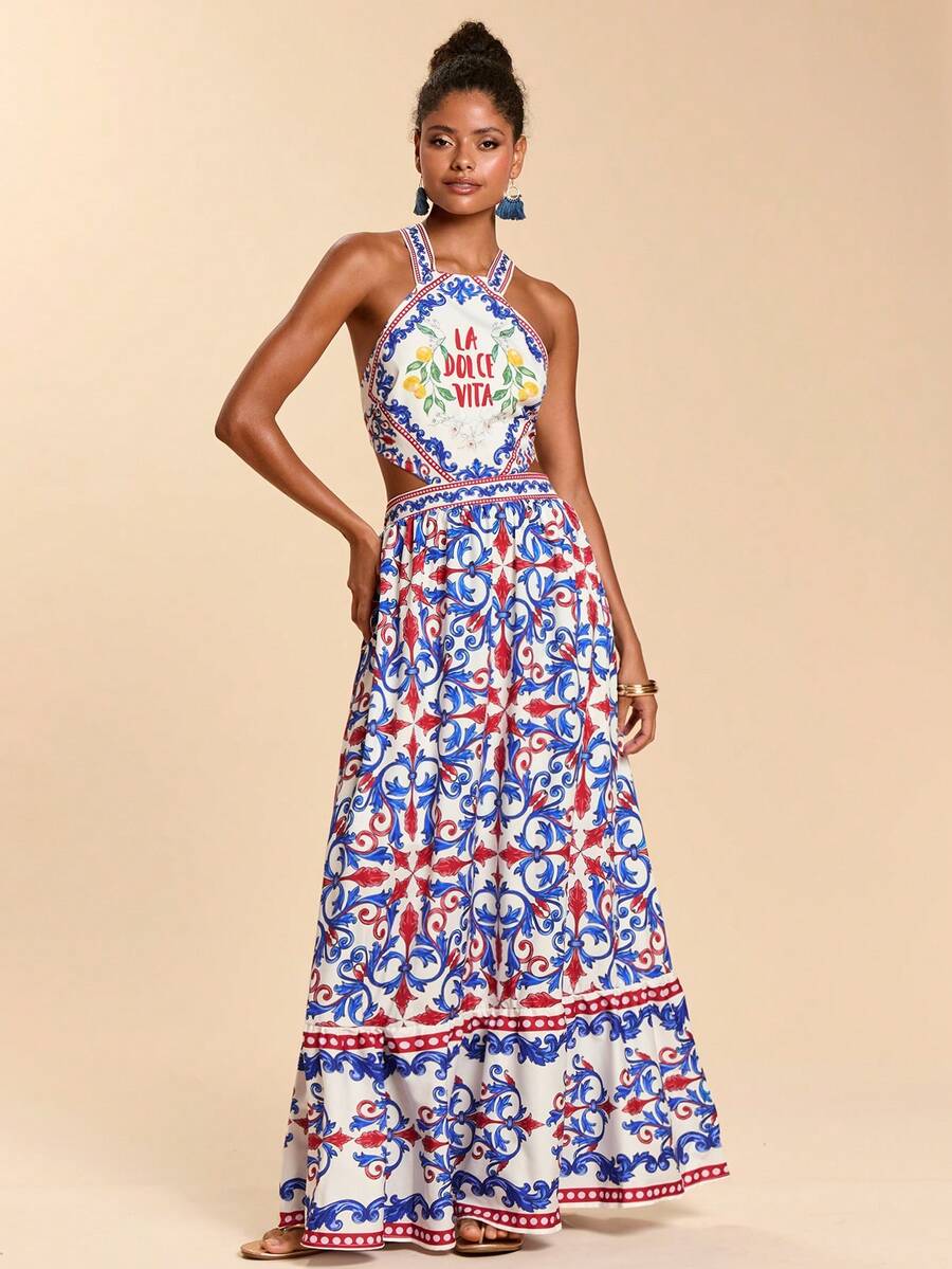 Travachic Vestido Feminino de Ombro de Fora com Estampa Tecida