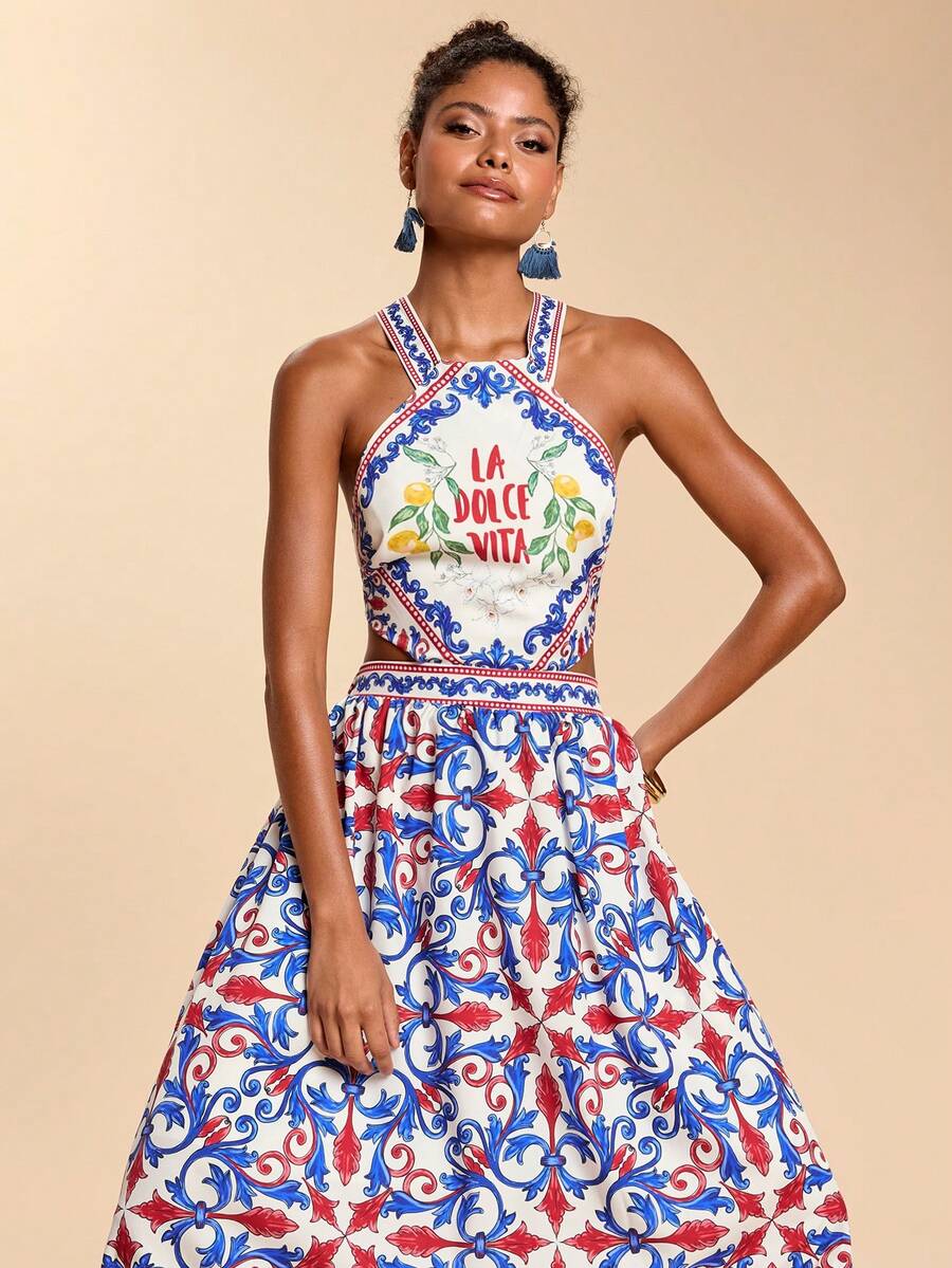 Travachic Vestido Feminino de Ombro de Fora com Estampa Tecida