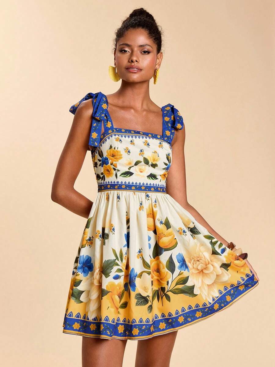 Travachic Vestido de Verão com Estampa Floral, Decote Quadrado, Sem Mangas, Cintura Marcada e Amarração na Frente, para Férias, Looks de Praia e Verão para Mulheres