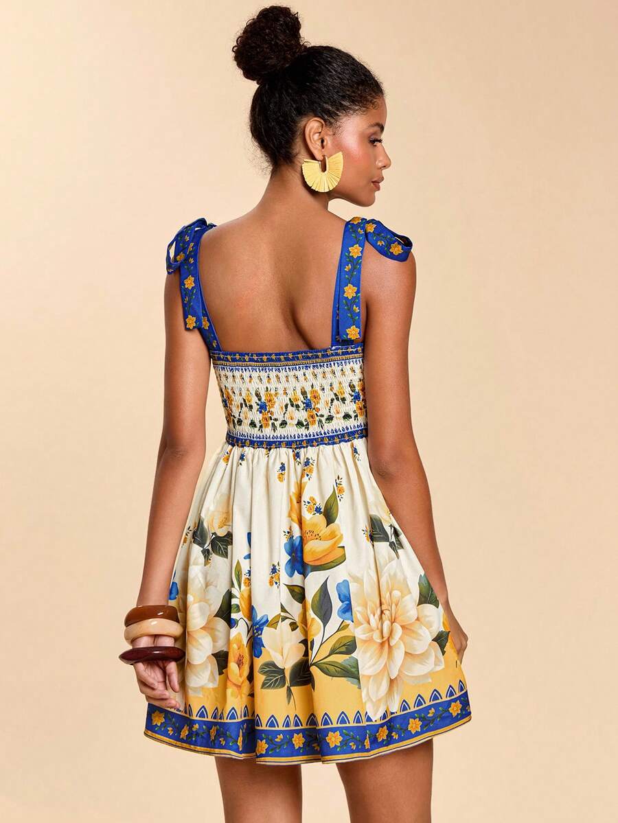 Travachic Vestido de Verão com Estampa Floral, Decote Quadrado, Sem Mangas, Cintura Marcada e Amarração na Frente, para Férias, Looks de Praia e Verão para Mulheres