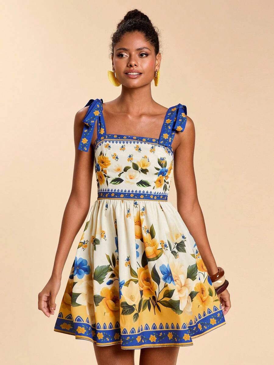 Travachic Vestido de Verão com Estampa Floral, Decote Quadrado, Sem Mangas, Cintura Marcada e Amarração na Frente, para Férias, Looks de Praia e Verão para Mulheres