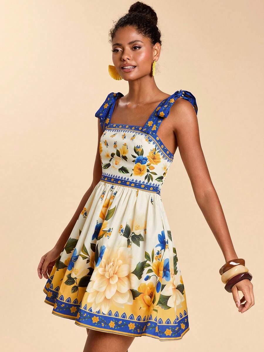 Travachic Vestido de Verão com Estampa Floral, Decote Quadrado, Sem Mangas, Cintura Marcada e Amarração na Frente, para Férias, Looks de Praia e Verão para Mulheres