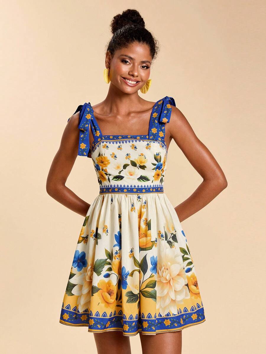 Travachic Vestido de Verão com Estampa Floral, Decote Quadrado, Sem Mangas, Cintura Marcada e Amarração na Frente, para Férias, Looks de Praia e Verão para Mulheres