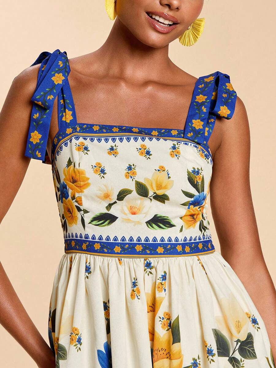 Travachic Vestido de Verão com Estampa Floral, Decote Quadrado, Sem Mangas, Cintura Marcada e Amarração na Frente, para Férias, Looks de Praia e Verão para Mulheres