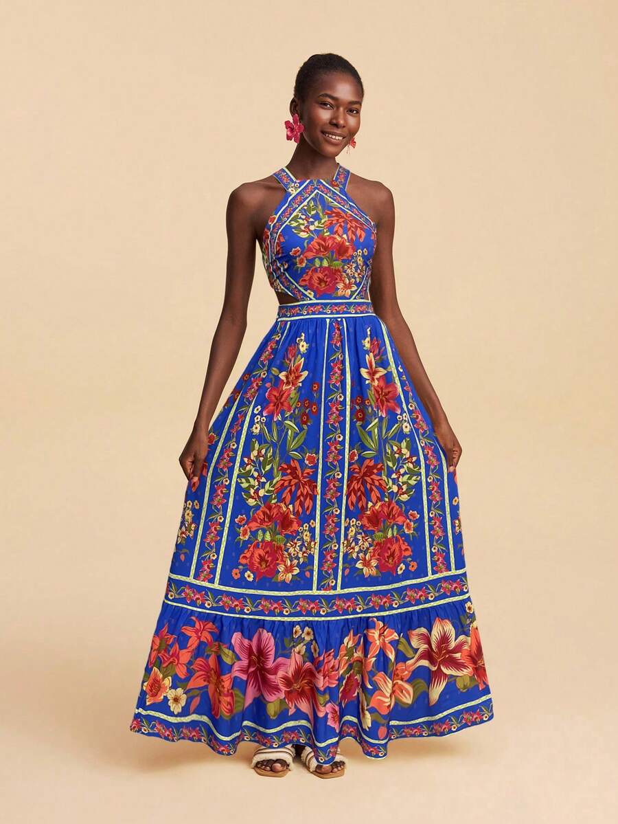 Travachic Vestido Feminino de Ombro de Fora com Estampa Tecida