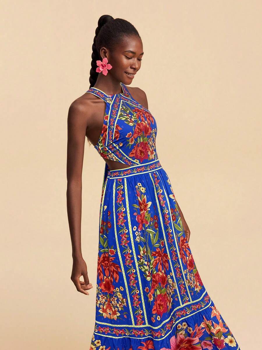 Travachic Vestido Feminino de Ombro de Fora com Estampa Tecida