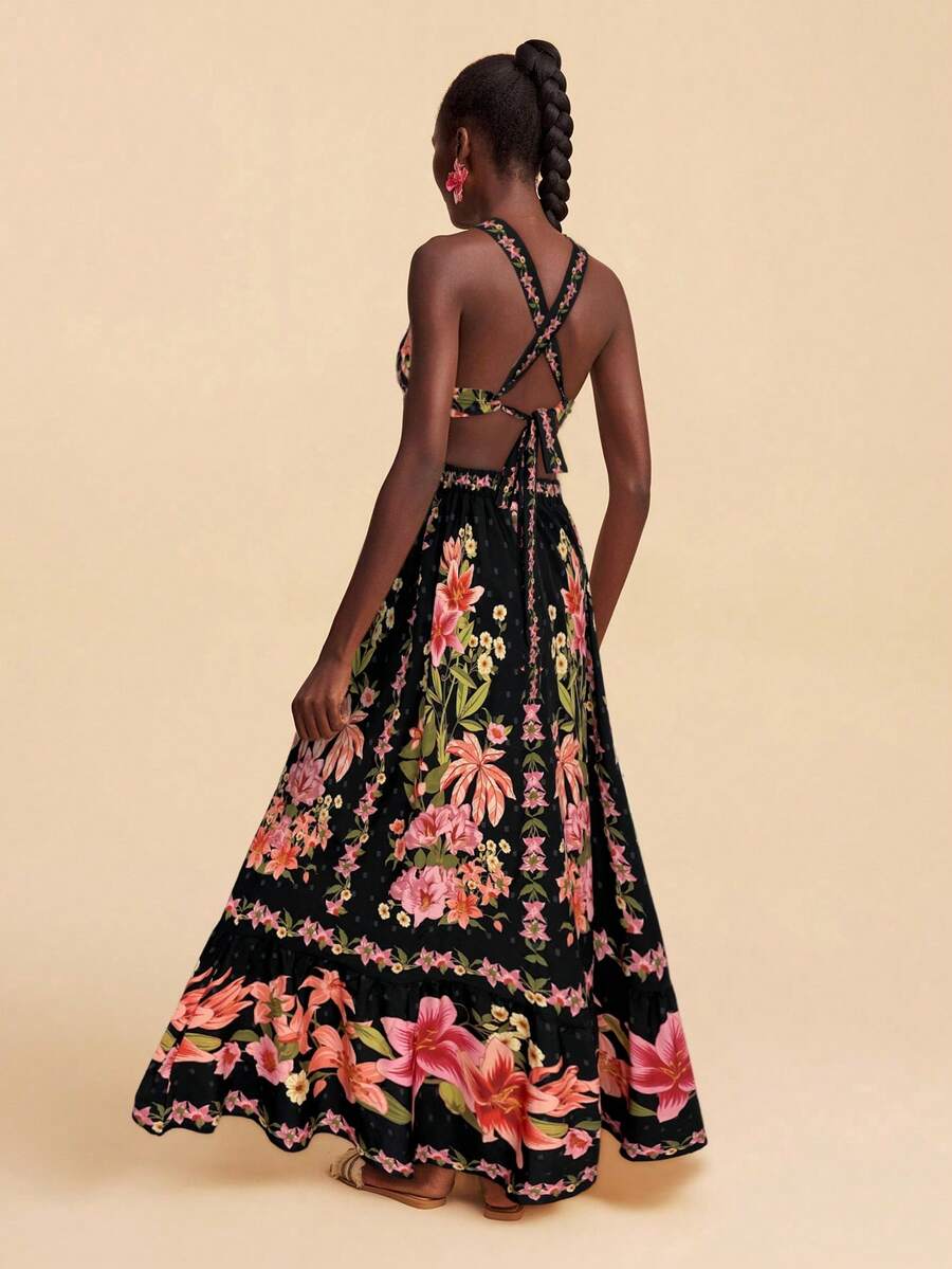 Travachic Vestido Feminino de Ombro de Fora com Estampa Tecida