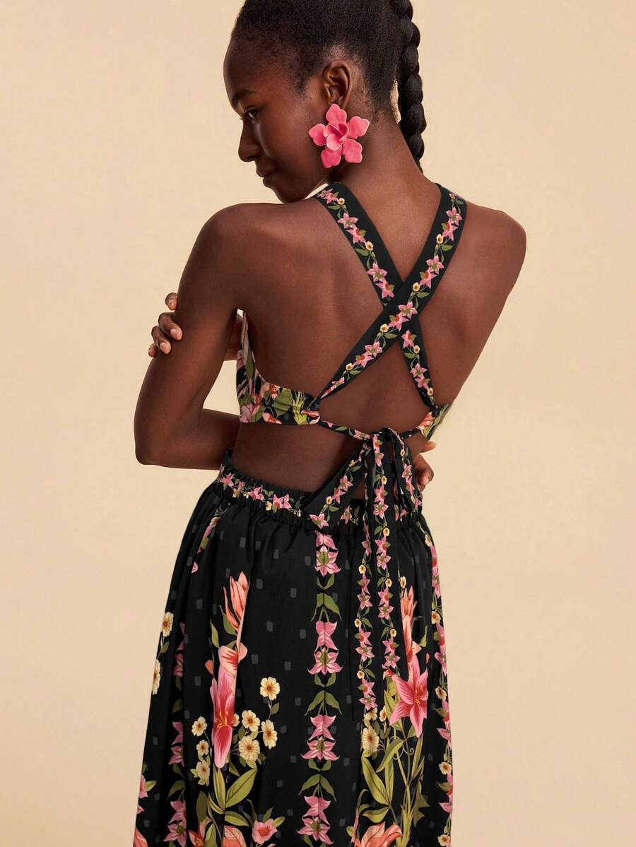 Travachic Vestido Feminino de Ombro de Fora com Estampa Tecida