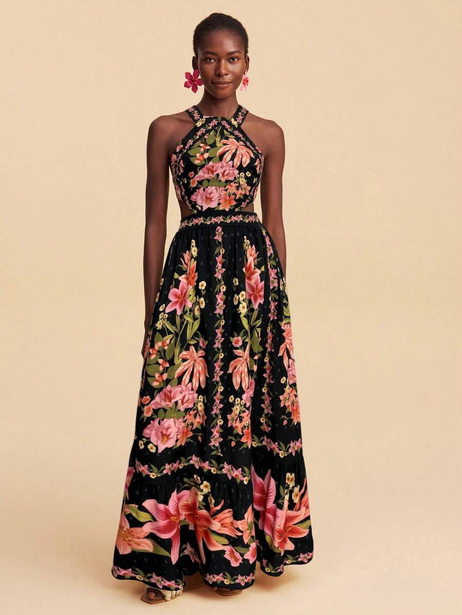 Travachic Vestido Feminino de Ombro de Fora com Estampa Tecida