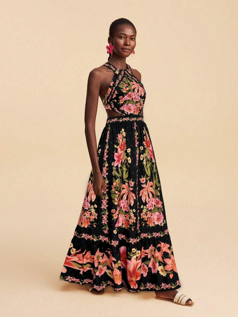 Travachic Vestido Feminino de Ombro de Fora com Estampa Tecida