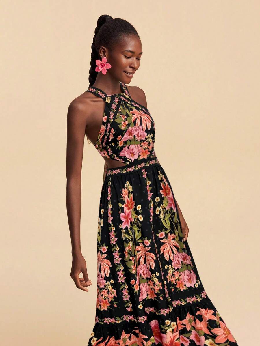 Travachic Vestido Feminino de Ombro de Fora com Estampa Tecida