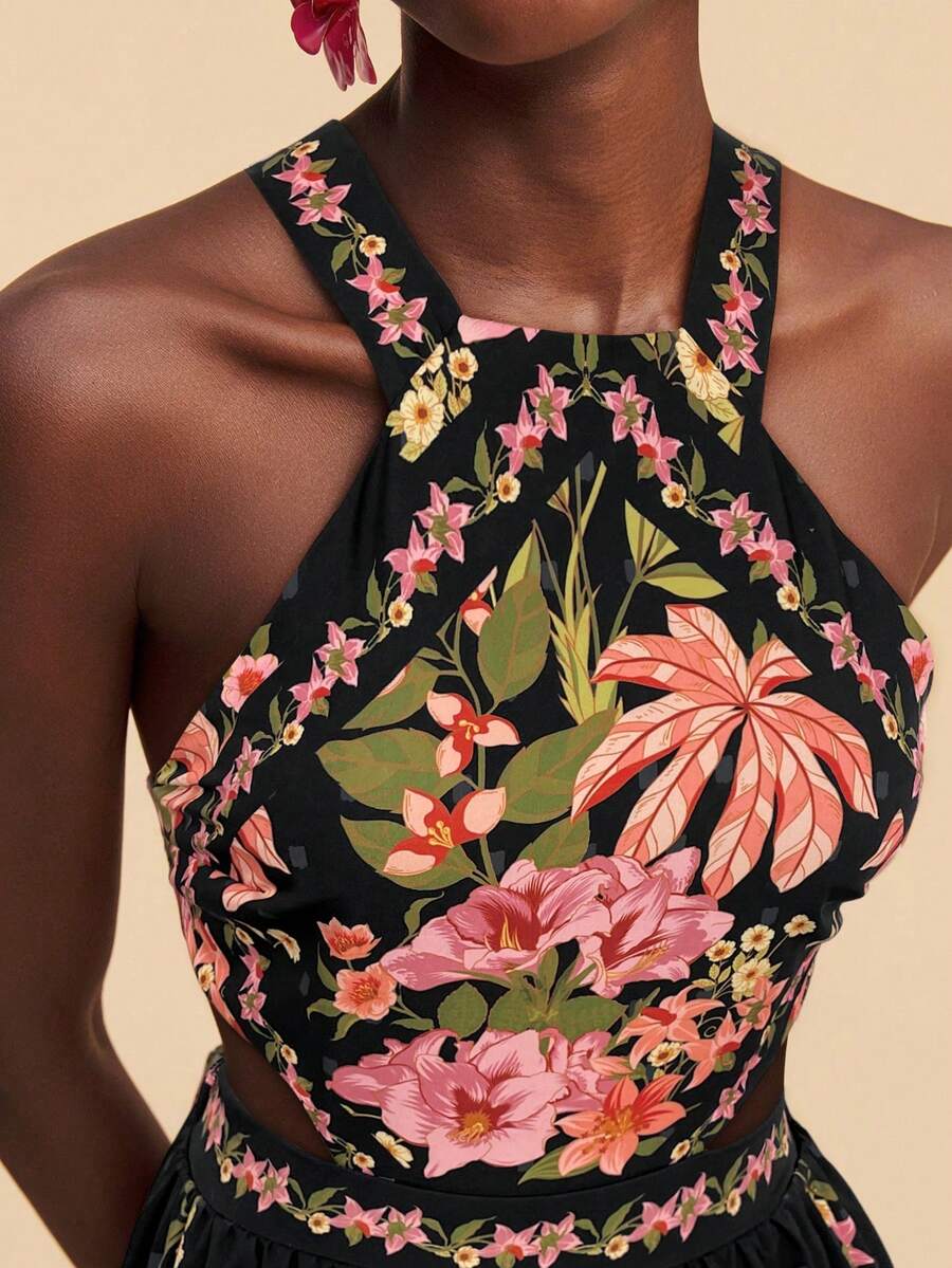 Travachic Vestido Feminino de Ombro de Fora com Estampa Tecida