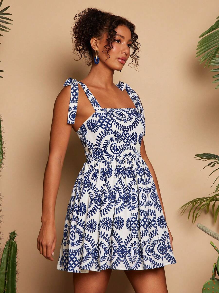 Travachic Vestido de Verão com Estampa Floral, Decote Quadrado, Sem Mangas, Cintura Marcada e Amarração na Frente, para Férias, Looks de Praia e Verão para Mulheres