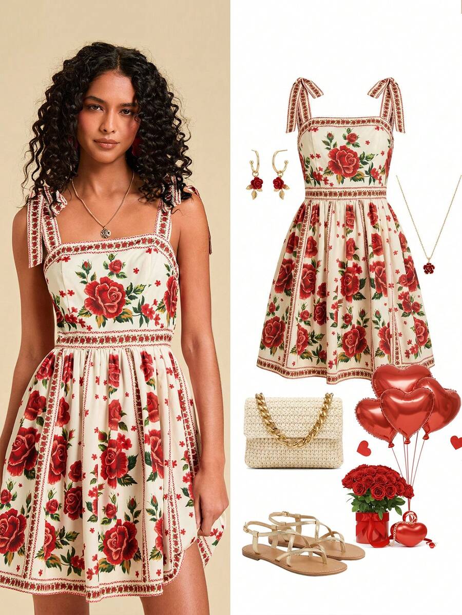 Travachic Vestido de Verão com Estampa Floral, Decote Quadrado, Sem Mangas, Cintura Marcada e Amarração na Frente, para Férias, Looks de Praia e Verão para Mulheres