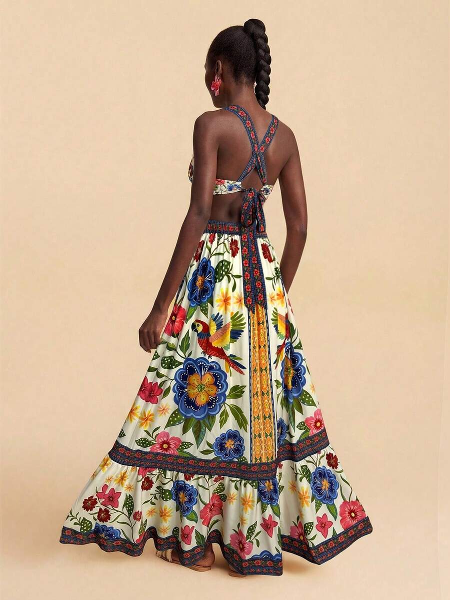 Travachic Vestido Feminino de Ombro de Fora com Estampa Tecida