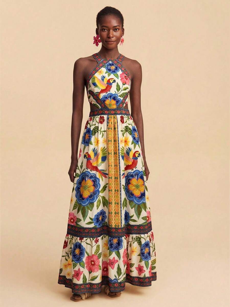 Travachic Vestido Feminino de Ombro de Fora com Estampa Tecida