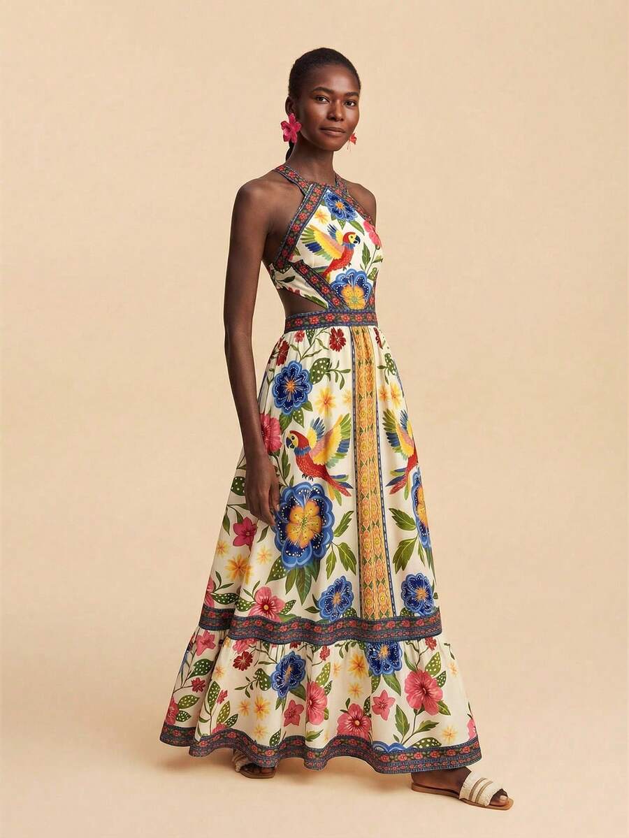 Travachic Vestido Feminino de Ombro de Fora com Estampa Tecida