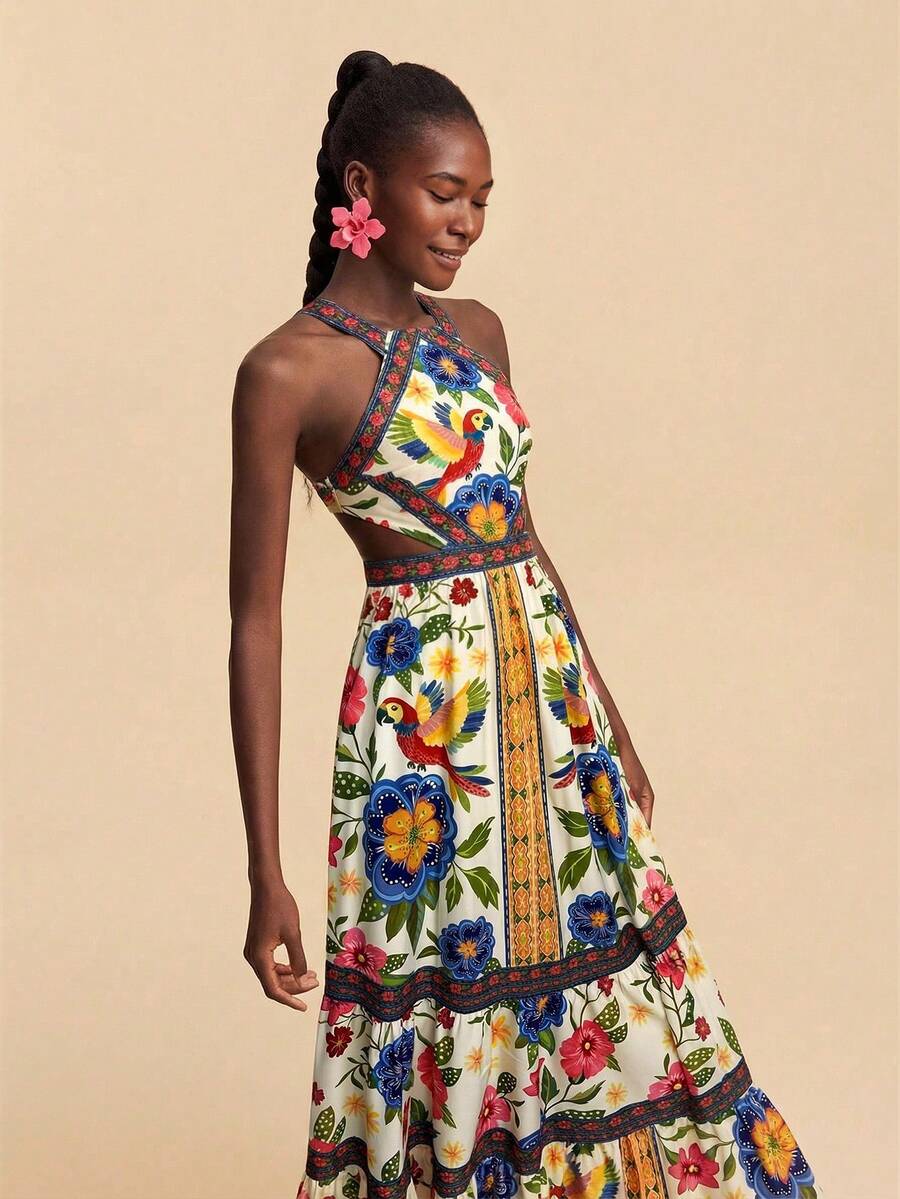 Travachic Vestido Feminino de Ombro de Fora com Estampa Tecida