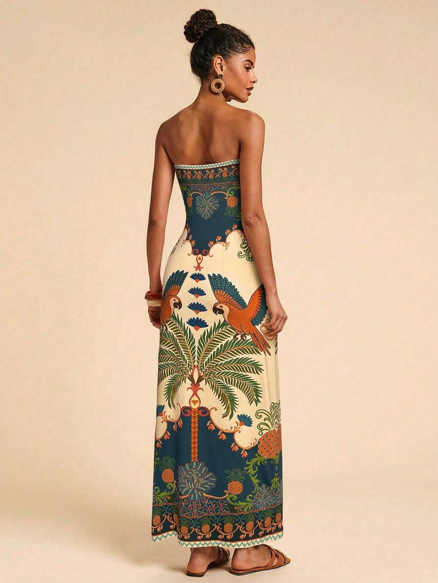 Travachic Vestido Bandeau Multicolorido Impresso para Mulheres, Férias